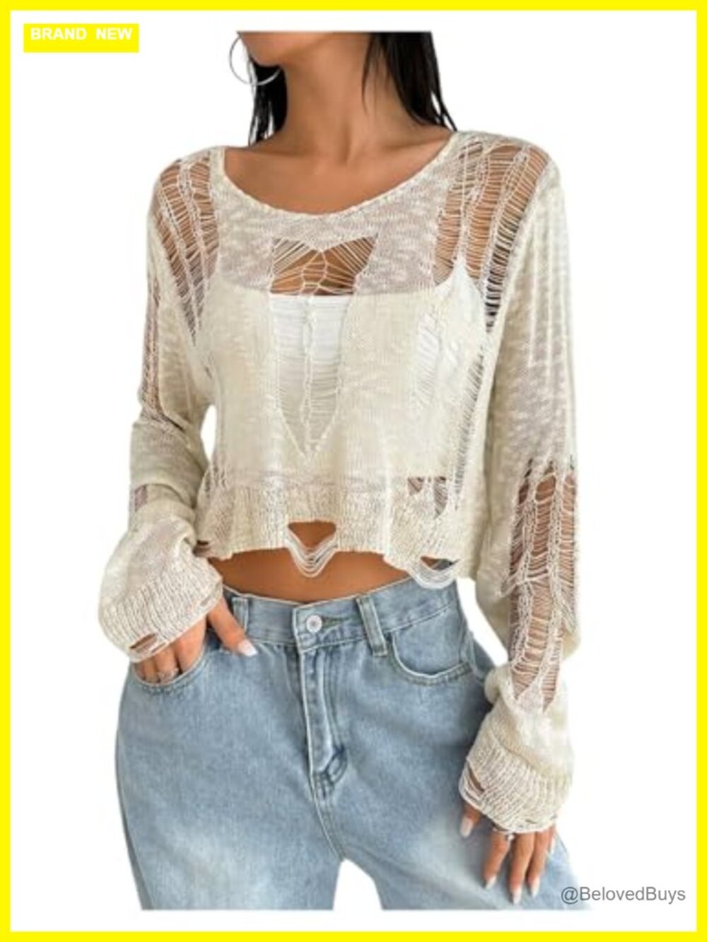 Ripped Distressed Long Sleeve Crop Top Shrug Sheer Y2K Cover Up